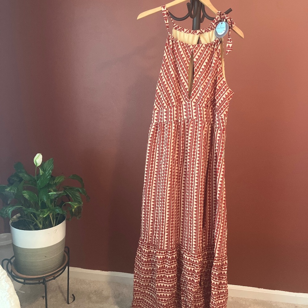 Eva Franco brick red and beige pattern maxi dress